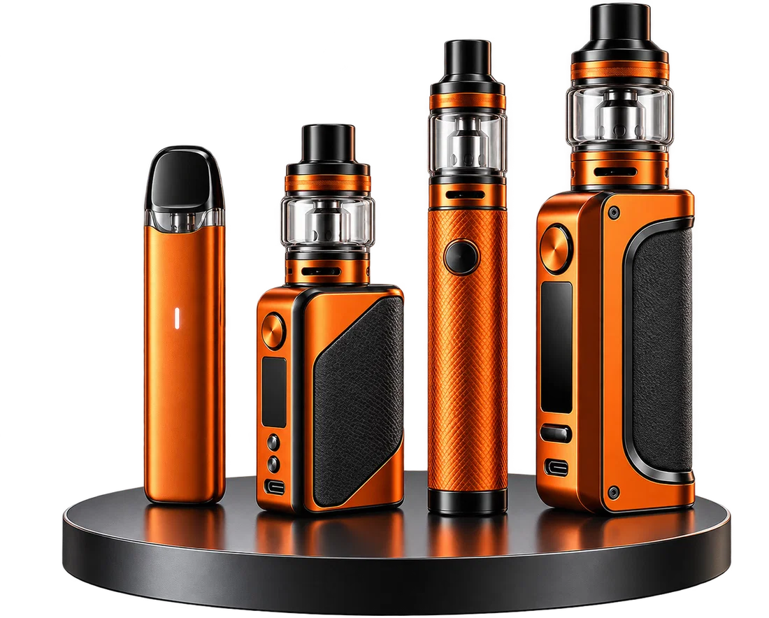 Orange E-Zigaretten und Verdampfer in verschiedenen Bauformen