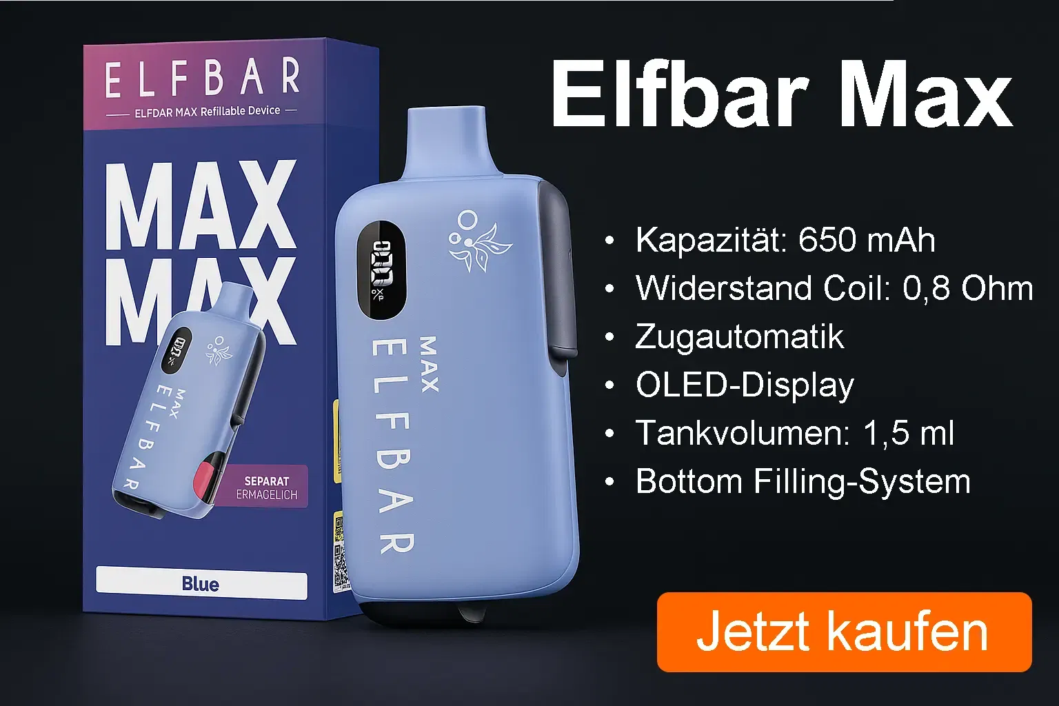 Elfbar Max Kit Blau – Nachfüllbare E-Zigarette mit Display